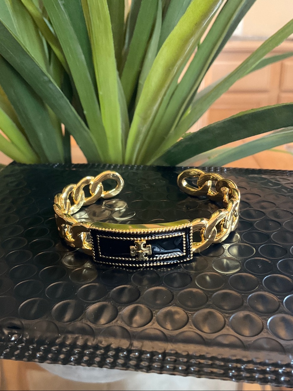 Tory Burch Gold Chain Cuff Bracelet with Black Enamel Panel
